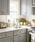 Gray kitchen with Three Pack 1 1/4 Inch Brushed Gold Solid Zinc Cabinet Knobs Heavy Duty Round Single Hole Drawer Pulls