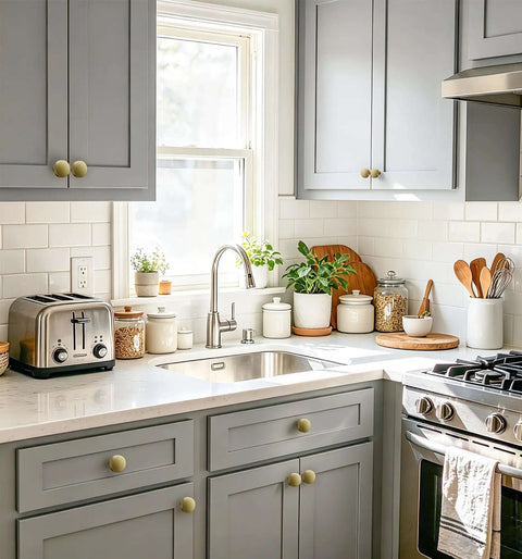 Gray kitchen with Three Pack 1 1/4 Inch Brushed Gold Solid Zinc Cabinet Knobs Heavy Duty Round Single Hole Drawer Pulls
