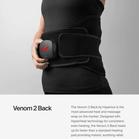 Person wearing Venom 2 Back Wrap with Next Level Heat and Vibration for fast pain relief, HyperHeat technology for targeted back massage.