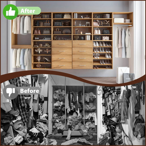 Top Shelf Wall Mounted Wood Closet Organizer With Double Hanging Rods And Flexible Diy Build For Keeping Your Duds Tidy, before and after images.