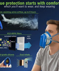 Person wearing Mini Powered Respirator With Fan Assisted Breathing Boost For Dust And Fumes Letting You Breathe Easy H13 HEPA And Activated Carbon Filters For Paint Woodworking Construction And DIY