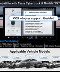 Image showing Tesla dashboard display confirming CCS adapter support for Cybertruck and Model 3/Y/S/X vehicles.