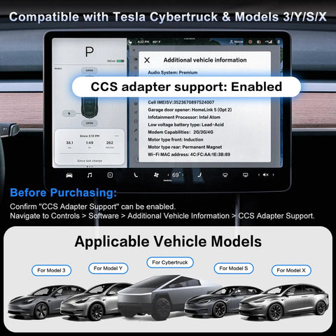 Image showing Tesla dashboard display confirming CCS adapter support for Cybertruck and Model 3/Y/S/X vehicles.