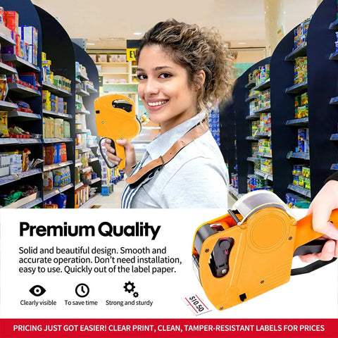 Price Tag Gun Kit With 8 Digit Display, 5150 White Labels, Yellow Rectangular Paper Tags 21x12 Mm, One Touch Open System, Includes 3 Ink Rollers And Extra Refills For Quick Grocery And Retail Pricing in use in store.