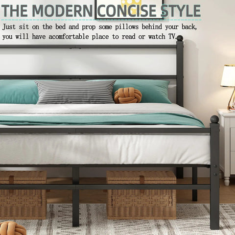 Built Like A Tank Metal Platform Bed Frame With Headboard And Footboard, 14 Inch Full Size Steel Slat Base, No Box Spring Required, Quiet Comfort With Ample Underbed Storage, No Fuss Assembly, Black in modern bedroom setting with pillows.