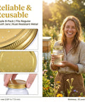 Eight Pack Mason Jar Bee Feeder Lids Made Of Metal For Sugar Water Feeding outdoors with happy beekeeper holding jar