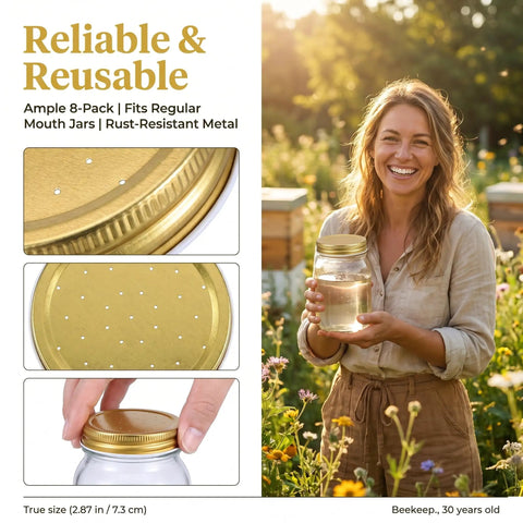 Eight Pack Mason Jar Bee Feeder Lids Made Of Metal For Sugar Water Feeding outdoors with happy beekeeper holding jar