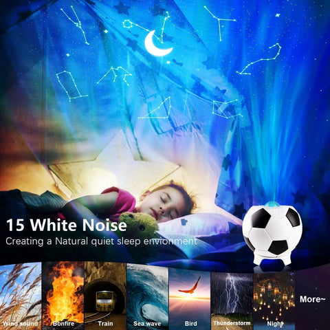 Child sleeping under aurora and constellation projections from Soccer Ball Shaped Constellation Projector Night Light With Bluetooth Speaker