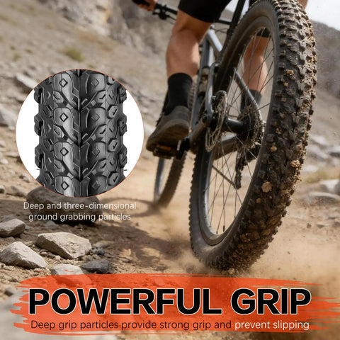 Cyclist using Foldable Mountain Bike Tire Set For 26 And 29 Inch Wheels With Inner Tubes Repair Kit Rim Strips Tire Levers on rugged trail