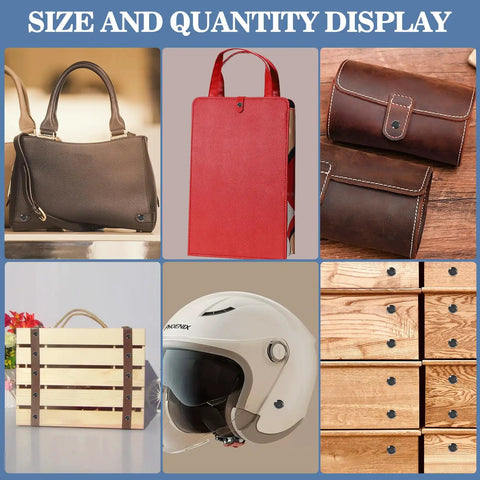 122 Pack Leather Chicago Screw Kit Set In Six Sizes For DIY Leathercraft Bags Clothes Jackets Belts And More Includes M5 To M12 Screws Rivets And Hardware displayed for use on bags, helmets, and drawers.
