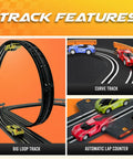 Fast Action Slot Car Track Set With Double Loop 1 To 64 Scale Cars showing loop, curve, and lap counter features for kids 4-8