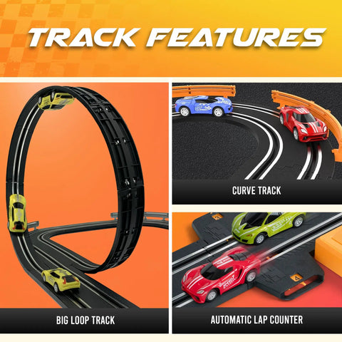 Fast Action Slot Car Track Set With Double Loop 1 To 64 Scale Cars showing loop, curve, and lap counter features for kids 4-8