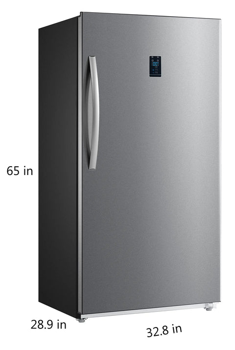 Built Different 18 Cu Ft Upright Freezer And Convertible Fridge With Tempered Glass Shelves in stainless design, 65 in tall.