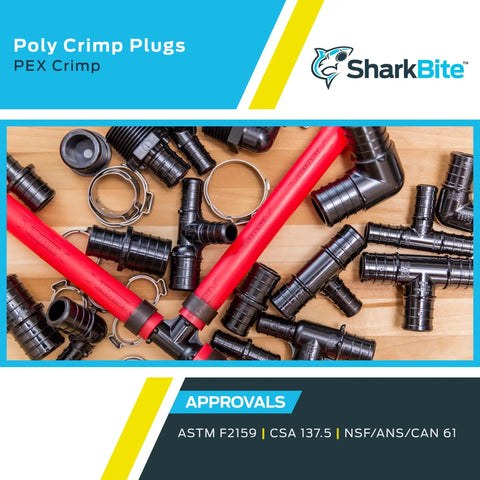 3/4 Inch Poly Crimp Plug For PEX Pipe And PE-RT, Pack Of 25 - black and red fittings with metal rings on wooden background