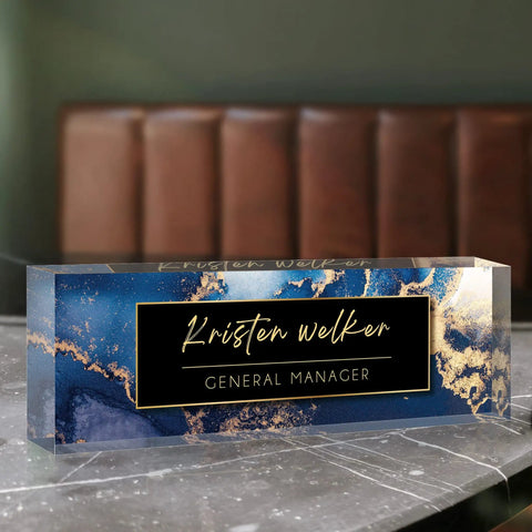 Personalized Acrylic Desk Plate With Your Name In Blue Coast Finish on marble table, elegant custom nameplate