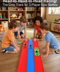 Kids playing with Three Lane Flexible Race Track For Kids With 16.4ft Roll Up Layout Suction Cup Gravity Ramp 3 Lane Head To Head Racing