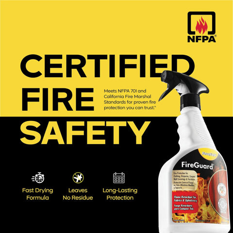Image of FireGuard Flame Retardant Spray For Fabrics, 22 Oz bottle, highlighting certified fire safety features and standards.