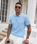 Man wearing Mens Knit Polo Shirt Short Sleeve Golf Polo With Classic Fit Lightweight Textured Knit Ribbed Hem Banded Bottom in Light Blue.