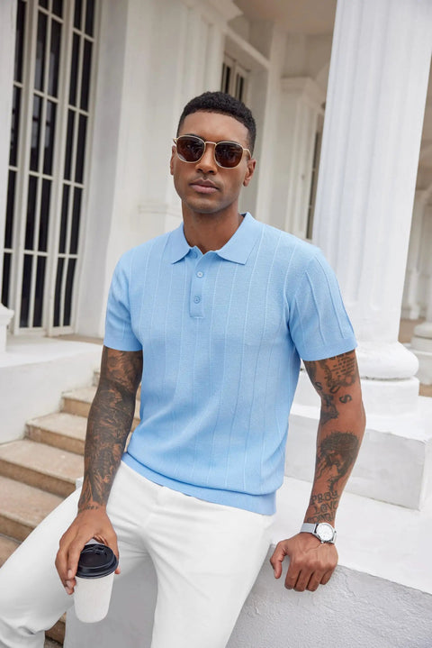 Man wearing Mens Knit Polo Shirt Short Sleeve Golf Polo With Classic Fit Lightweight Textured Knit Ribbed Hem Banded Bottom in Light Blue.