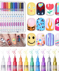12 Color Nail Art Pens Set With 0.5mm Fine Tip For Precise Lines And Quick Air Drying Acrylic Markers For Nail Art Designs Pro Grade DIY Manicure Tools features colorful nail art designs