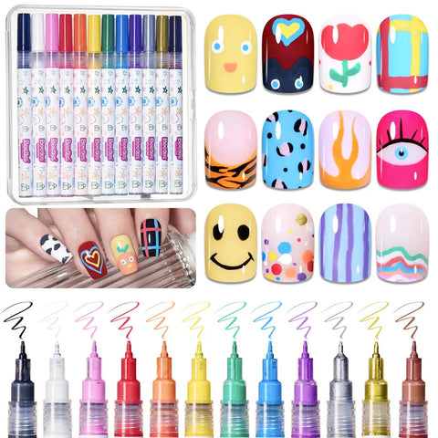 12 Color Nail Art Pens Set With 0.5mm Fine Tip For Precise Lines And Quick Air Drying Acrylic Markers For Nail Art Designs Pro Grade DIY Manicure Tools features colorful nail art designs