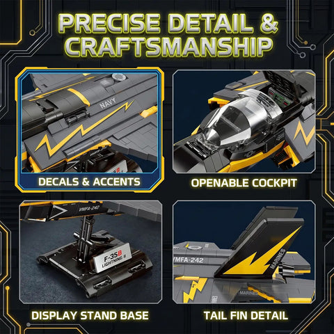 F-35B Lightning II Fighter Jet Building Blocks Set With 1268 Pieces Realistic Military Aircraft Display Model With Stand Open Cockpit Ejectable Weapons Collectible Construction Kit For Adult Enthusiasts showing decals, cockpit, stand, fin.