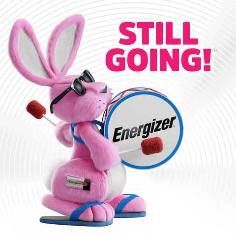 Pink Energizer bunny mascot with sunglasses playing a drum labeled Energizer.