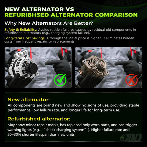 Comparison of new alternator vs refurbished alternator highlighting benefits of new alternators for performance and reliability.