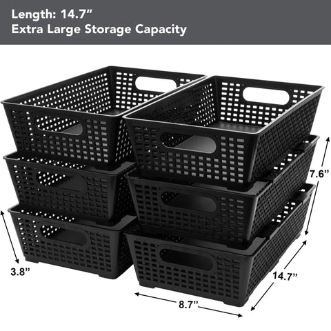 Stackable Woven Plastic Storage Baskets 6 Pack For Cabinet Closet Shelf Under Sink Countertop Pantry Organizer Bins With Extra Large Capacity