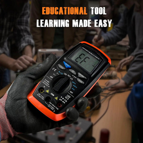 Gloved hand holding Digital Multimeter Voltage Tester 2000 Counts For ACDC Voltage amid educational setting