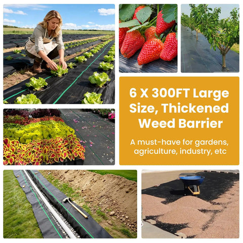 6 Ft By 300 Ft Heavy Duty Yard Work Ready Weed Barrier Fabric With 3.2 Oz Landscape Material and 20 U Shaped Staples shown in use in gardens and construction sites.