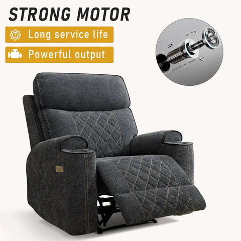Electric Power Recliner Chair With Soft Fabric Upholstery Overstuffed Heavy Duty Sofa Chair With Metal Cup Holders Adjustable 100 Degree To 160 Degree Perfect For Living Room Or Bedroom Dark Gray, featuring motor details.
