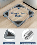 Adjustable Mobile Roller Stands For Mini Fridge And Washing Machine Telescopic Universal Base Dolly With Heavy Duty Swivel Casters Slick Roll No Sweat Setup Grey Gear showing 300lb capacity and details on non-slip mat and thickened steel pipe.