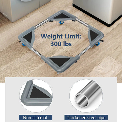 Adjustable Mobile Roller Stands For Mini Fridge And Washing Machine Telescopic Universal Base Dolly With Heavy Duty Swivel Casters Slick Roll No Sweat Setup Grey Gear showing 300lb capacity and details on non-slip mat and thickened steel pipe.