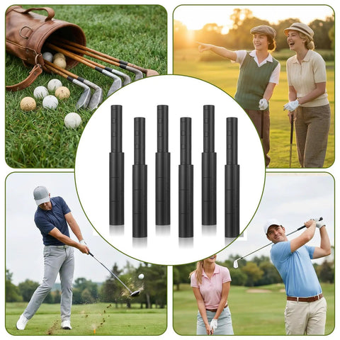 Six Pack Golf Club Shaft Extender Rods For Steel And Graphite Shafts Black Carbon Fiber Extension Sticks in golf setting collage.