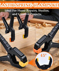 Grab This Killer 18 Pack Spring Clamps for Woodworking Pros And Balloon Decor Masters, Featuring Strong Grip Nylon Plastic Clips That Hold Tarps And Backdrops Tight With Easy Release Action For Your Next Big Craft Project Showdown. 18 pack plastic spring clamps on wood block, 45° jaw view
