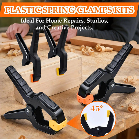 Grab This Killer 18 Pack Spring Clamps for Woodworking Pros And Balloon Decor Masters, Featuring Strong Grip Nylon Plastic Clips That Hold Tarps And Backdrops Tight With Easy Release Action For Your Next Big Craft Project Showdown. 18 pack plastic spring clamps on wood block, 45° jaw view