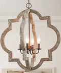 Close-up of Farmhouse Orb Chandelier With Handmade Wood Fixture Large Openwork Quatrefoil Frame Distressed Dark Bronze Finish