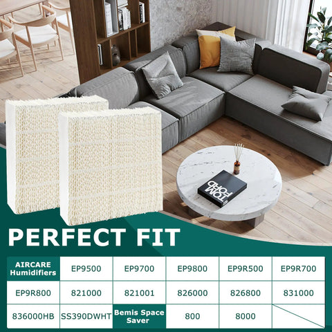 1043 Super Wick Humidifier Filter 2 Pack Replacement in modern living room, chart of compatible models below