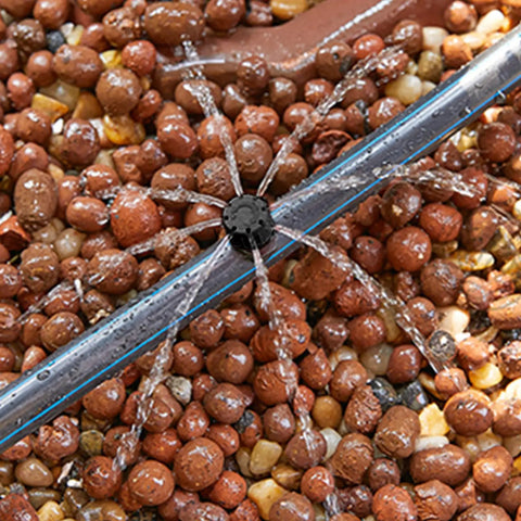 Close-up of 100 Pcs Adjustable Drip Irrigation Emitters Sprinklers For One Quarter Inch Barbed Hose Micro Drip System installed.