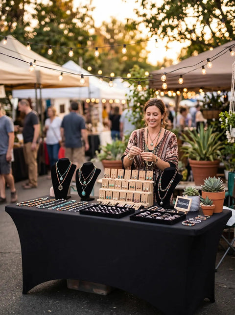 Outdoor market stall with a woman displaying jewelry on a black tablecloth, under string lights, with plants and shoppers in background.
