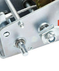 Close-up of 600 Lb Hand Winch with 26.3 Ft Steel Cable, showing metal gear and bolts in heavy-duty construction.