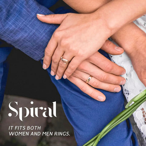 Hands of a couple showing rings, highlighting Invisible Silicone Ring Size Adjusters Kit With Four Size Options, 12 Pack.