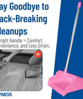 Straight Up Heavy Duty Standing Floor Dustpan With Thirty Inch Aluminum Handle And Serrated Comb Edge For Total No Sweat Commercial Cleanup And Daily Facility Sweeping Pink, upright handle and molded basin.