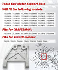 Upgrade Heavy Duty Table Saw Motor Mount Base with model fitment list and diagram for Craftman and Ridgid saws.