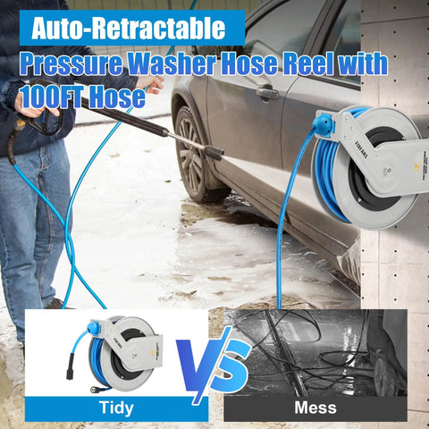 Heavy Duty 100 Ft Retractable Pressure Washer Hose Reel With Auto Rewind One Quarter Inch Hose Wall Mounted 3600 PSI Compatible
