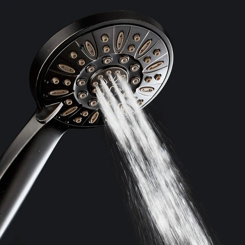 High Pressure Handheld Shower Head With Six Settings, Extra Long Six Foot Hose And Bracket, Oil Rubbed Bronze Finish spraying water