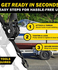 10 Foot Heavy Duty Retractable Ratchet Straps With Slick Auto Rewind System And Quick Release Clasp For Zero Drama Load Hauling 1800 Lb Grip Black Two Pack shown in use with boat