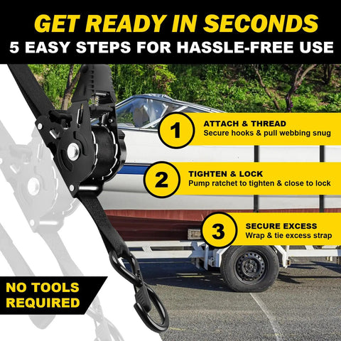 10 Foot Heavy Duty Retractable Ratchet Straps With Slick Auto Rewind System And Quick Release Clasp For Zero Drama Load Hauling 1800 Lb Grip Black Two Pack shown in use with boat
