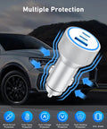 67W Three-Port USB C Car Charger With 3Ft Cable For iPhone 17 16 15 Pro Max Pro Air Plus And iPad Fast Charge On The Road Cigarette Lighter Power Adapter shown with multiple protection features.